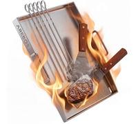 Arebos Plancha Grill Acero Inoxidable 40x30 cm para Barbacoa y Gas | 4 mm Grosor, Resistente hasta 800 °C | con Desagüe de Grasa | Incluye 2 Espátulas y 5 Pinchos | Apta Lavavajillas