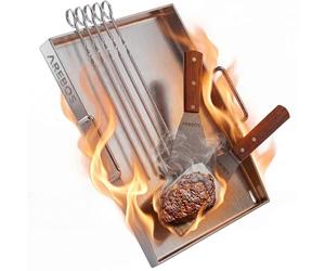 Arebos Plancha Grill Acero Inoxidable 40x30 cm para Barbacoa y Gas | 4 mm Grosor, Resistente hasta 800 °C | con Desagüe de Grasa | Incluye 2 Espátulas y 5 Pinchos | Apta Lavavajillas