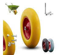 Arebos Rueda de Carretilla de Goma Maciza PU | Resistente a Pinchazos 200 kg | Neumático con Llanta de Acero 4.80/4.00-8 | Rueda de Repuesto con Eje | Diámetro 390 mm | Amarillo