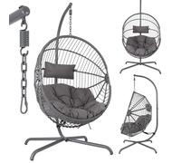 Arebos Silla Colgante de Jardín con Soporte, Sillón Huevo Exterior e Interior, Altura Regulable 160-180cm, Hamaca con Estructura de Acero 130kg, Incluye Cojines Relax para Terraza o Balcón, Color Gris