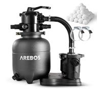 Arebos Sistema de filtración de arena con bomba incl. bolas de filtración de 600 g | negro | 350 W | 9,500 L/h | volumen del depósito hasta 20 kg de arena | válvula de 7 vías con manivela