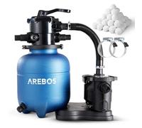 Arebos Sistema de filtro de arena con bomba | 350 W | 9500 l/h | volumen del depósito de hasta 20 kg de arena | con manómetro de presión | incluye 600 g de bolas de filtro | azul