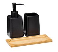 Arecobticy Juego de 3 piezas esenciales de baño con dispensador de jabón líquido de 300 ml, soporte para cepillo de dientes y bandeja para dispensador de jabón de cerámica organizado