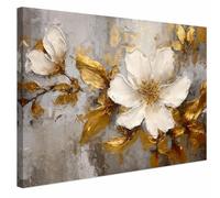AREDE Cuadro decorativo en lienzo - Flor en blanco y dorado, arte moderno para pared de salón, dormitorio u oficina | 60 x 40 cm | Listo para colgar