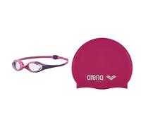 ARENA 92338, Gafas de Natación Infantil, Multicolor (violet / clear), Talla única + Classic Jr Gorro de Natación, Unisex niños, Rosa (Fuchsia/White), Talla Única