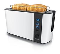 Arendo - Tostadora 4 rebanadas con ranuras largas - 1500 W - 6 niveles - Pantalla indicadora - Descongelación y calentamiento - Soporte panecillos - Bandeja de migas - Doble pared - Acero inoxidable