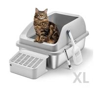 Feandrea Arenero para Gatos de Acero Inoxidable, Bandeja Alta con Apertura Superior, Escalón, Pala y Cepillo, para Gatos de hasta 15 kg, Gris Paloma PPT008GD01