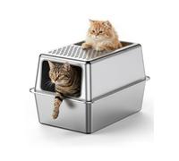 Arenero Gato Acero Inoxidable, Areneros Gatos Cubierto Grande XXL, Caja de Arenero Cerrada para Gatos, WC Gato Todo Metálico con Bordes Altos, Antiadherente, Sin Olores y Fácil de Limpiar