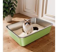 Arenero Gato Acero Inoxidable, Caja de Arena Grande para Gatos, Gatitos y Conejos, Arenero Alto XXL para Gatos, Antiadherente, sin olores y fácil de Limpiar (Verde, 60 x 40 x 15cm)