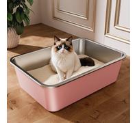 Arenero Gato Acero Inoxidable, Caja de Arena Grande para Gatos, Gatitos y Conejos, Arenero Alto XXL para Gatos, Antiadherente, sin olores y fácil de Limpiar (Rosa, 50 x 35 x 15cm)