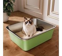Arenero Gato Acero Inoxidable, Caja de Arena Grande para Gatos, Gatitos y Conejos, Arenero Alto XXL para Gatos, Antiadherente, sin olores y fácil de Limpiar (Verde, 45 x 35 x 15cm)
