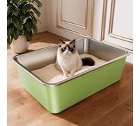 Arenero Gato Acero Inoxidable, Caja de Arena Grande para Gatos, Gatitos y Conejos, Arenero Alto XXL para Gatos, Antiadherente, sin olores y fácil de Limpiar (Verde, 60 x 40 x 20cm)