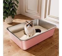 Arenero Gato Acero Inoxidable, Caja de Arena Grande para Gatos, Gatitos y Conejos, Arenero Alto XXL para Gatos, Antiadherente, sin olores y fácil de Limpiar (Rosa, 60 x 40 x 15cm)