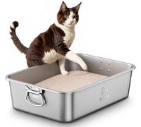 Arenero Gato Acero Inoxidable con Asas y Pala Incluida, Caja de Arena Grande para Gatos, Gatitos y Conejos, Arenero Alto XXL para Gatos, Antiadherente, sin olores y fácil de Limpiar, 50 x 35 x 15cm