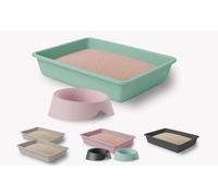 Arenero Gato - Caja Arenero para Gatos y 1 Comedero Bebedero - Fabricado en España - Materiales 100% Reciclados - Bandeja de Arena Sanitaria Higiénica Abierta para Gatos Medianos - Fácil de Limpiar