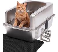 Arenero para Gatos Acero Inoxidable XXL - Fácil de Limpiar, antiolores - Bandeja con Bordes Altos, 38L - Antifugas, Antiadherente - Incluye Pala y Alfombrilla