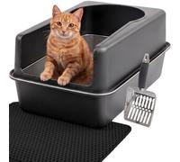 Arenero para Gatos Acero Inoxidable XXL Negro Mate - Fácil de Limpiar, antiolores - Bandeja con Bordes Altos, 38L - Antifugas, Antiadherente - Incluye Pala y Alfombrilla