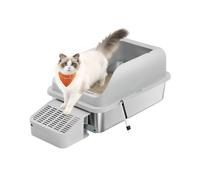 Feandrea Arenero para Gatos de Acero Inoxidable, Bandeja Alta con Apertura Superior, Escalón, Pala y Cepillo, para Gatos de hasta 15 kg, Gris Paloma PPT008GD01