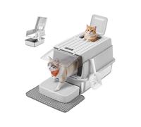 Feandrea Arenero para Gatos de Acero Inoxidable, Caja de Arena con Tapa, Incluye Pala, Alfombrilla y Dos Accesos, para Gatos de hasta 15 kg, Gris Claro PPT007GD01