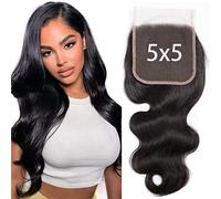 Arenshxc 5X5 Cierre de encaje ondulado brasileño con cabello humano, cierre superior suizo con parte libre con cabello natural y cabello de bebé, densidad 130%, 25 cm