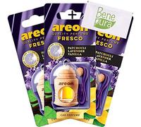 AREON Ambientador para coche con aroma fresco de pachulí, lavanda, vainilla, difusor de botellas con cubierta de madera natural, de larga duración, juego de 3