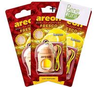 AREON Ambientador para coche de 4 ml, aroma a limón, difusor de botellas colgante con cubierta de madera natural, larga duración, juego de 3