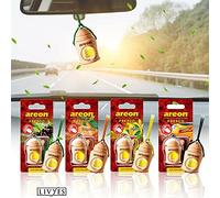 AREON Fresco - Ambientador colgante para coche, aroma natural y amaderado, 40-50 días de larga duración, difusor en carcasa colgante de madera, accesorios y elementos esenciales para automoción, paquete de 3 aromas variados (aromas de Beverly Hills, pino y cristal negro)