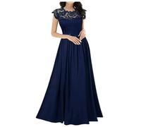 ARESU 2021 Nuevo Vestido Ajustado de Gasa con Costuras de Encaje, Vestidos Largos para Damas de Honor, Vestidos de Noche para Mujer, Bata de Color sólido para Mujer, Azul Marino, L