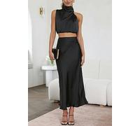 ARESU Halter Party Satén Sin Mangas Falda Conjunto Celebridad Bolero Una Línea Falda Mujer Conjunto De Dos Piezas-Negro-L