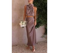 ARESU Halter Party Satén Sin Mangas Falda Conjunto Celebridad Bolero Una Línea Falda Mujer Conjunto De Dos Piezas-Púrpura-L