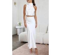 ARESU Halter Party Satén Sin Mangas Falda Conjunto Celebridad Bolero Una Línea Falda Mujer Conjunto De Dos Piezas-Blanco-M