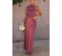 ARESU Halter Party Satén Sin Mangas Falda Conjunto Celebridad Bolero Una Línea Falda Mujer Dos Piezas-Rosa Rojo-M