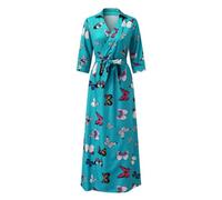 ARESU Maxi Vestidos camiseros para Mujer, Vestidos Vintage con Estampado de Lunares a Rayas, Vestido Informal con Solapa, Vestido de Oficina de otoño para Mujer, Vestido de una línea, Bata-Azul-XL