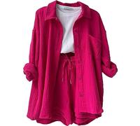 ARESU Pijamas de Dos Piezas Plisados de Color Liso Pijamas de Dos Piezas de Verano para Mujer Traje Corto de Manga Larga Botones de Moda-Rojo Rojo-S