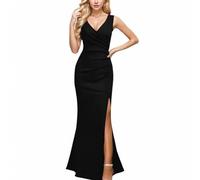 ARESU Vestido de cóctel de Noche sin Mangas Sexy para Mujer Vestido Largo de Fiesta con Abertura Lateral de Color sólido Ocasión Formal-Negro-L