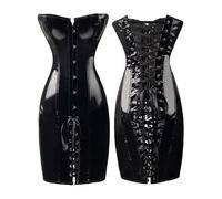 ARESU Vestido de mujer de látex rojo y negro con aspecto mojado, vestido gótico de piel sintética con cordones, vestido sexy corsé, clubwear negro-L