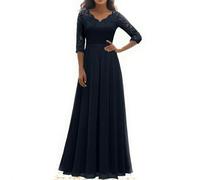 ARESU Vestido Elegante de Gasa de Encaje para Mujer, Vestido Largo Liso de Manga 3/4, Hueco, de Fiesta Grande, Corte A, Vestidos Formales para Bata de Invitados de Boda-Azul-M