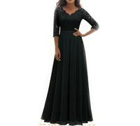 ARESU Vestido Elegante de Gasa de Encaje para Mujer, Vestido Largo Liso de Manga 3/4, Hueco, de Fiesta Grande, de Corte A, Vestidos Formales para Bata de Invitados de Boda-Negro-L