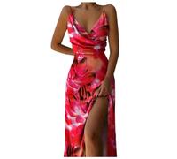 ARESU Vestido Largo Sexy con Abertura Alta para Mujer, Vestido de Fiesta Bohemio con Estampado de Verano, sin Mangas, Cuello en V, Vestidos Elegantes para Mujer, Vestidos de Noche-Rojo-XL