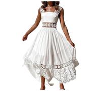 ARESU Vestidos Blancos Ahuecados De Ganchillo De Encaje Vestido Boho Informal De Vacaciones Sin Espalda para Mujer Vestido Maxi De Algodón Suelto para Mujer-Blanco-M