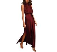 ARESU Vintage Mock Neck Sin Mangas Vestidos De Satén Mujeres Elegante Alta División Formal Fiesta Vestido Largo Mujer Cintura Delgada Vestido De Noche-Borgoña-M