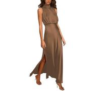ARESU Vintage Mock Neck Sin Mangas Vestidos De Satén Mujeres Elegante Alta División Formal Fiesta Vestido Largo Mujer Cintura Delgada Vestido De Noche-Caqui-S