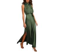 ARESU Vintage Mock Neck Sin Mangas Vestidos De Satén Mujeres Elegante Alta División Formal Fiesta Vestido Largo Mujer Cintura Delgada Vestido De Noche-Verde Ejército-M