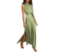 ARESU Vintage Mock Neck Sin Mangas Vestidos De Satén Mujeres Elegante Alta División Formal Fiesta Vestido Largo Mujer Cintura Delgada Vestido De Noche-Verde-L