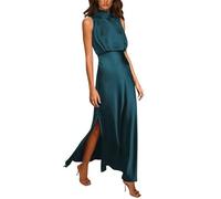 ARESU Vintage Mock Neck Sin Mangas Vestidos De Satén Mujeres Elegante Vestido Largo De Fiesta Formal De División Alta Vestido De Noche De Cintura Delgada Femenina-Azul-L