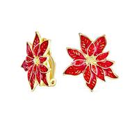 Arete De Clip En Forma De Flor De Pascua Con Esmalte Rojo Para Fiesta De Navidad Para Mujeres Con Orejas Sin Perforar - Chapado En Oro De 14K