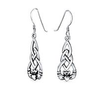 Aretes Colgantes De Símbolo Irlandés De Amor Celta Claddagh En Forma De Corazón De Amistad Bff Para Mujeres Novia En Plata Esterlina .925 Oxidada Con Gancho De Pescado