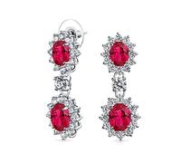 Aretes Colgantes Formales Moda Con Halo Corona Estilo Art Deco Vintage Con Óvalos Circonia Cúbica Simulada Rubí Rojo AAA CZ Para Mujeres Para Promociones Bodas Damas Honor Plateados
