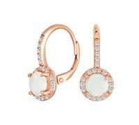 Aretes De Caída De Ópalo Blanco Creado En Círculo Solitario Redondo De CZ Con Halo Pavé De Acento De Circonita Cúbica Con Estilo Antiguo Con Cierre De Palanca Bañados En Oro Rosa .925 Plata Esterlina