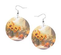 Aretes de cuero con estampado de girasoles bajo el alféizar de la ventana para mujer, aretes de aro colgantes coloridos, accesorio perfecto para fiestas de disfraces, talla única, cuero, sin piedra